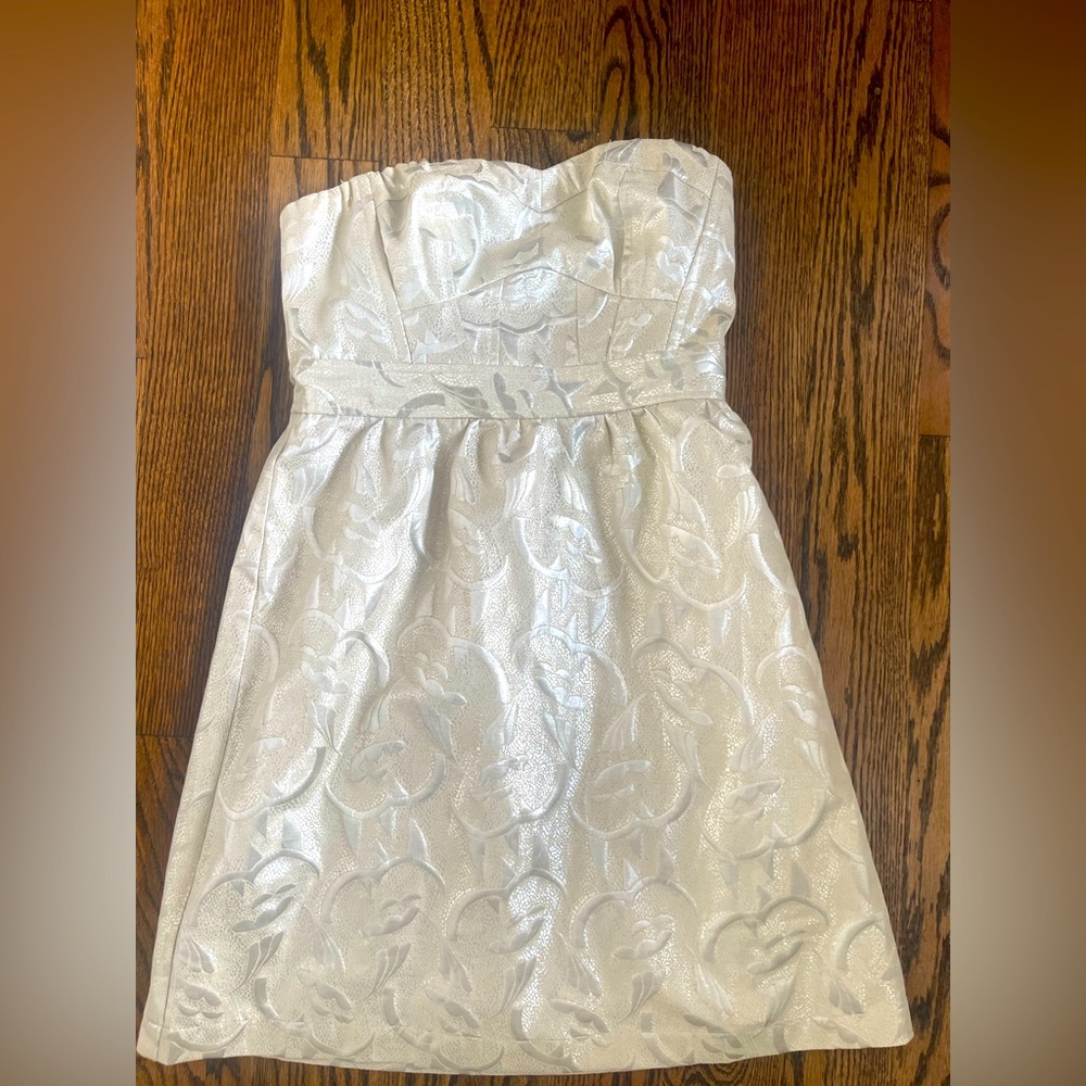 American Eagle cream brocade strapless dress 2